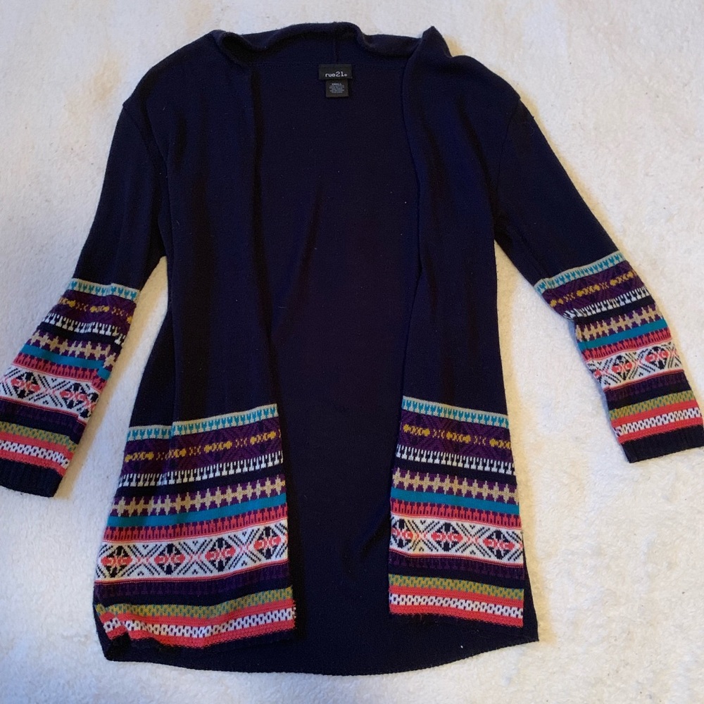 Navy blue cardigan.